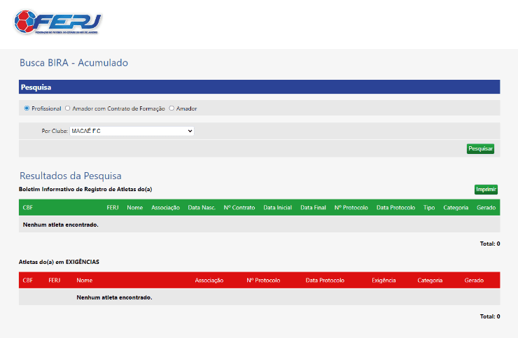 Pesquisa no BIRA da FERJ: Macaé não tem atletas sob contrato (Reprodução)