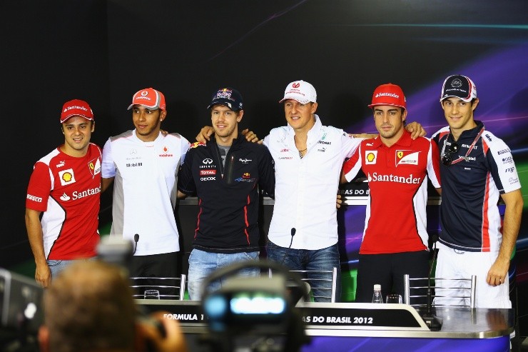 Felipe Massa, Lewis Hamilton, Sebastian Vettel, Michael Schumacher, Fernando Alonso e Bruno Senna no GP do Brasil. (Foto: Getty Images)