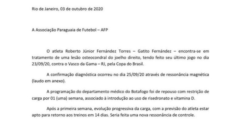 Foto Reprodu;’ao do documento enviado pelo Botafogoa Associação Paraguaia de Futebol, comunicando a lesão