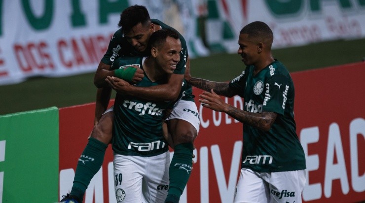 Jogadores do Palmeiras comemoram gol pelo Paulistão (Foto: Ettore Chiereguini/AGIF)