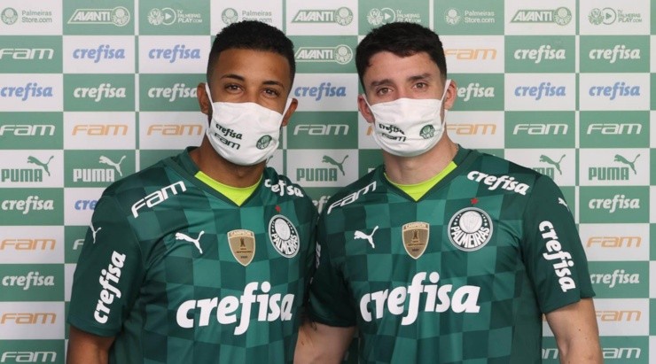 Jorge e Joaquín Piquerez disputarão uma vaga na lateral-esquerda do Palmeiras. Foto: César Greco/ Palmeiras