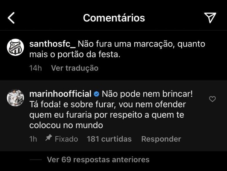 Marinho discutiu com o torcedor santista mais uma vez. Foto: Reprodução Instagram