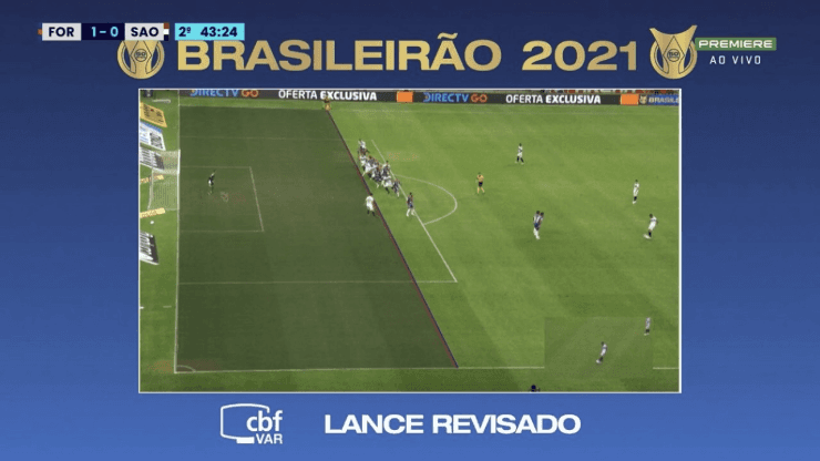 Lance da revisão do gol são-paulino que foi anulado. (Foto: Reprodução TV) Lance da revisão do gol são-paulino que foi anulado. (Foto: Reprodução TV)