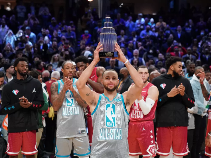 Foto: Kyle Terada-USA TODAY Sports - Stephen Curry levanta o troféu de MVP do All-Star Game. Foto: Kyle Terada-USA TODAY Sports - Stephen Curry levanta o troféu de MVP do All-Star Game.