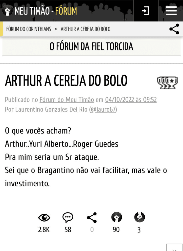 Torcida pedindo a contratação de Artur (Foto: Reprodução/Fórum do Timão)