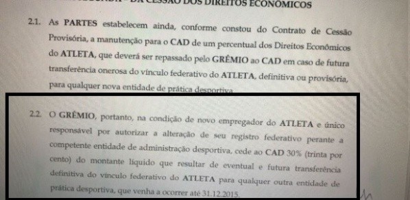 Trecho do contrato que desmente a versão do Diadema no embate judicial; Grêmio voltou atrás na decisão e vai pagar os paulistas