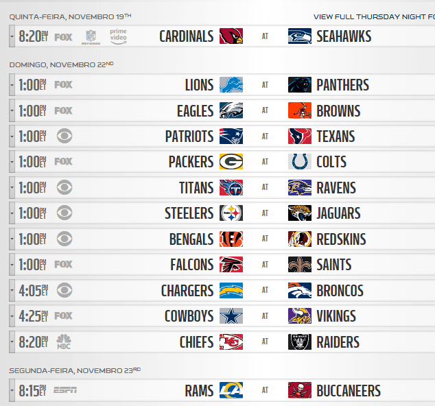 Calendário completo da temporada 2020/2021 da NFL