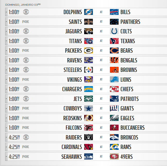 Calendário completo da temporada 2020/2021 da NFL