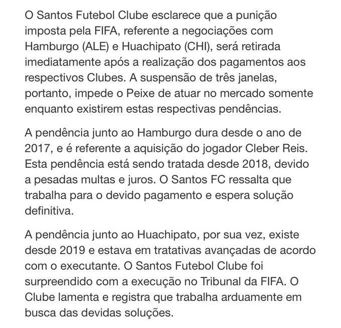 Nota oficial do Santos emitida nesta quinta-feira (17) sobre as punições da Fifa Foto: Reprodução