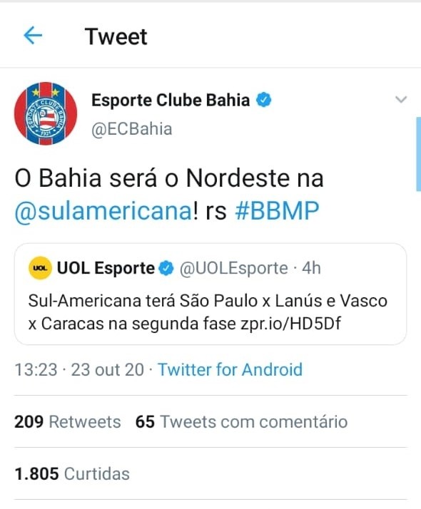 Perfil oficial do Bahia respondendo ao site UOL Esporte (Reprodução) Perfil oficial do Bahia respondendo ao site UOL Esporte (Reprodução)