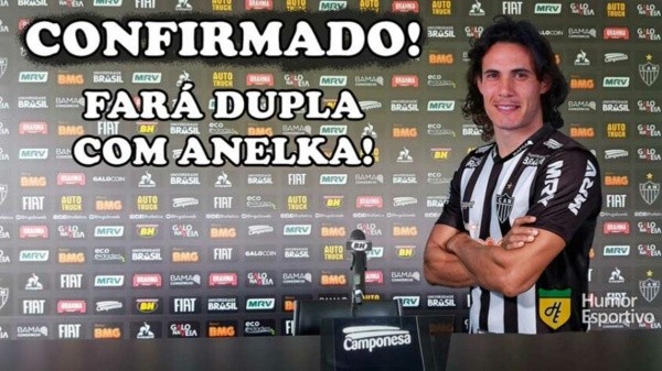 Meme de Cavani no Grêmio faz referência a outra contratação que não deu certo: Anelka no Atlético-MG. Foto: Reprodução/Humor Esportivo