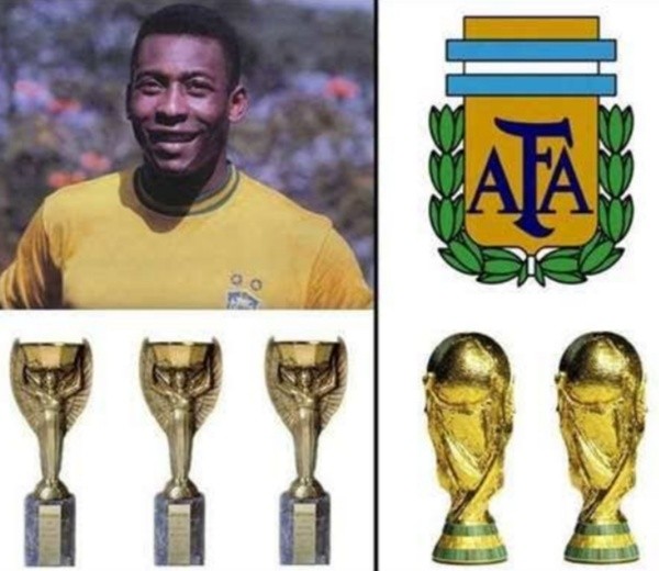 Meme mostra que Pelé tem mais Copas que a Argentina. Foto: Getty Images