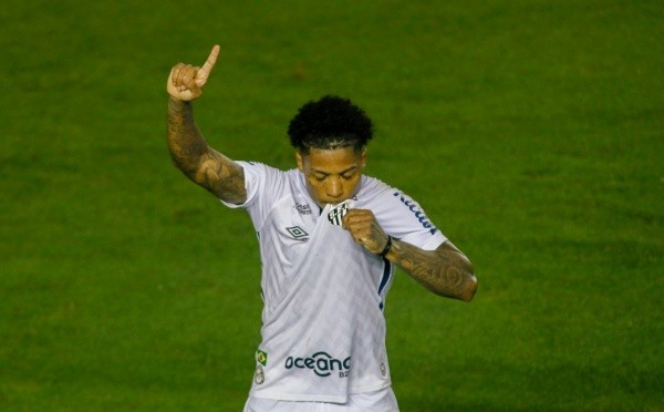 Marinho comemora gol e beija escudo do Santos. Foto: Getty Images