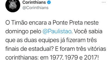 Corinthians encara a Ponte Preta neste domingo (Foto: Reprodução/Twitter/Corinthians)