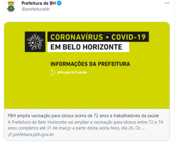 Prefeitura de BH anunciou vacinação para pessoas de 72 a 74 anos (Foto: Reprodução/Twitter)