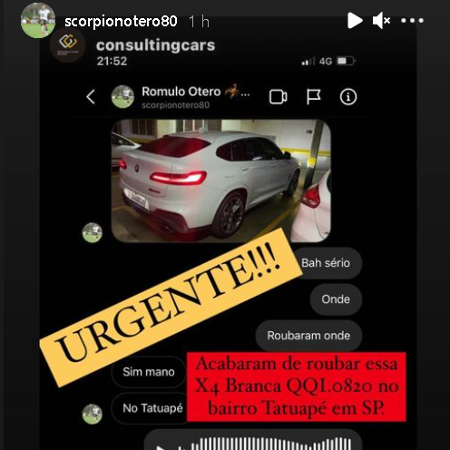 Jogador do Corinthians tem o carro roubado em São Paulo. Foto: Reprodução de TV. Foto: Reprodução/Instagram