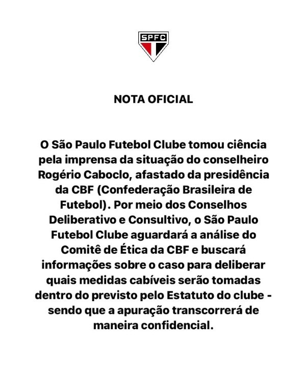 Nota oficial do São Paulo Futebol Clube (Foto: Reprodução/Twitter)