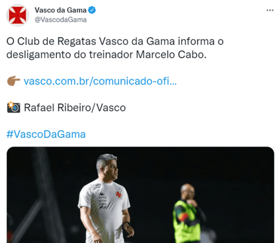 Anúncio da demissão de Cabo feita pelo Vasco da Gama (Foto: Reprodução/Twitter)