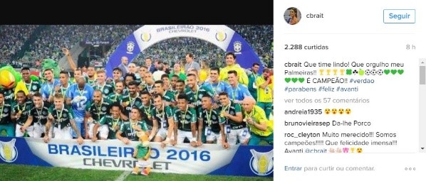 Camila Brait é palmeirense de carteirinha graças a seu bisavô (Foto: Reprodução/Instagram Oficial @cbrait)