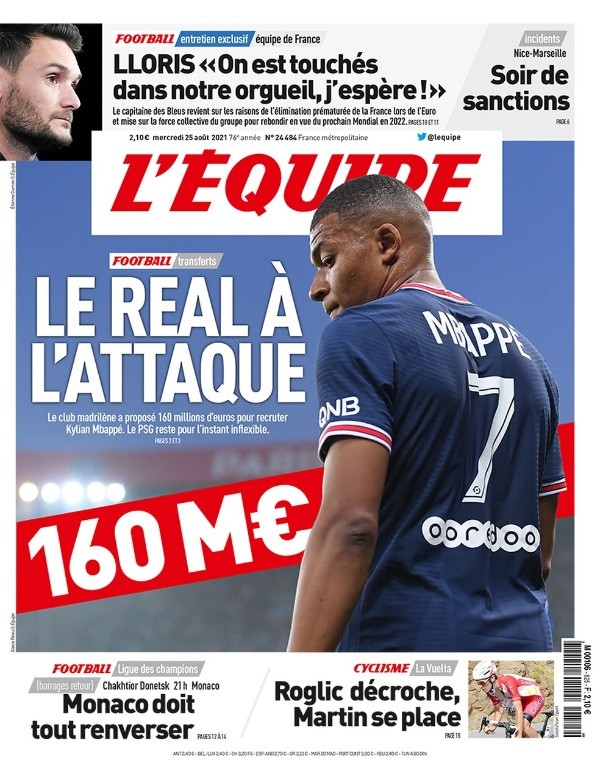 L'Equipe destaca a proposta do Real Madrid por Mbappé. (Foto: Reprodução)