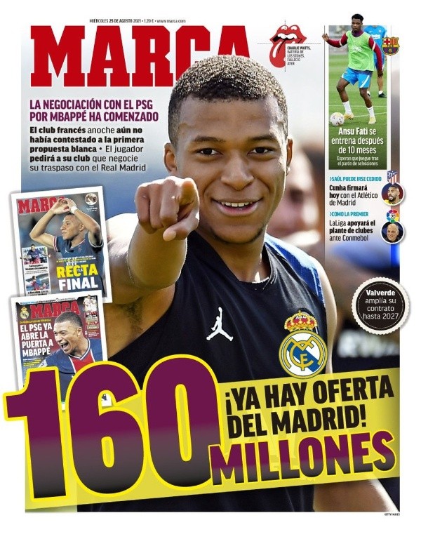 Marca destacando a proposta do Real Madrid por Mbappé. (Foto: Reprodução)