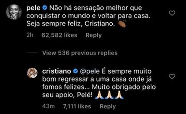 Pelé manda recado para Cristiano Ronaldo. (Foto: Reprodução Instagram)