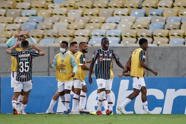 Jogadores do Fluminense comemorando gol contra o São Paulo (Foto: Wagner Meier / Getty Images)
