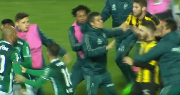 Confusão entre Peñarol x Palmeiras. (Foto: Reprodução TV)