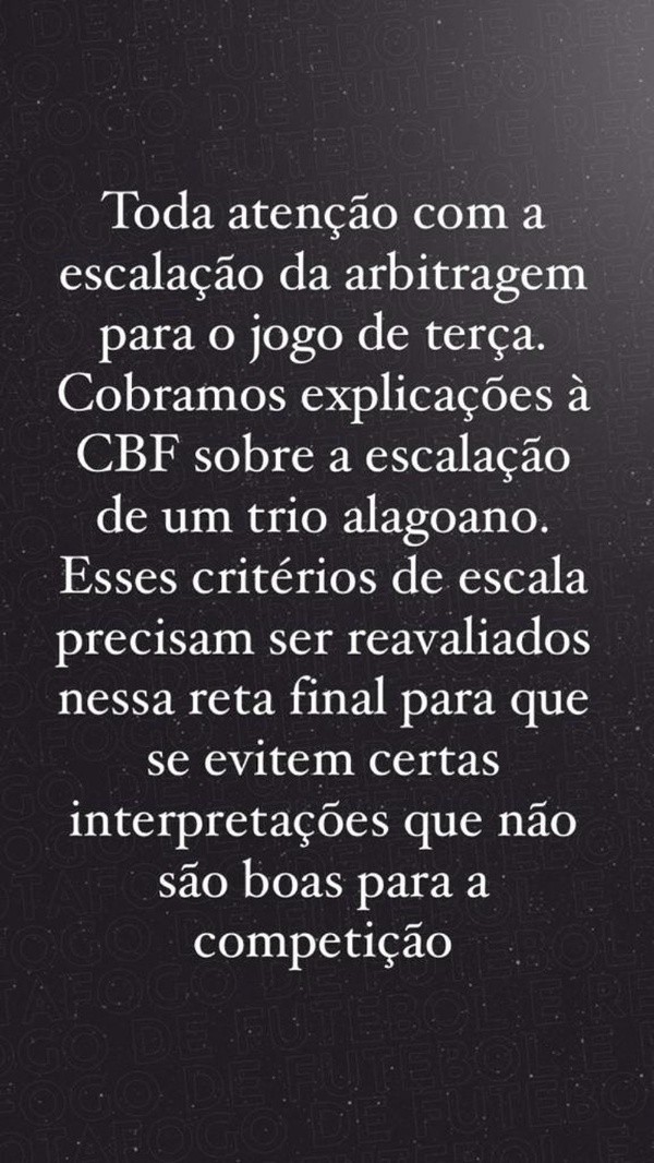 O presidente do clube usou o Instagram para fazer o questionamento a CBF | Crédito: Reprodução