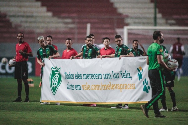 América-MG entrando com faixas e cães na Arena Independência (Foto: VinniSilva - Portrel Imagens) 