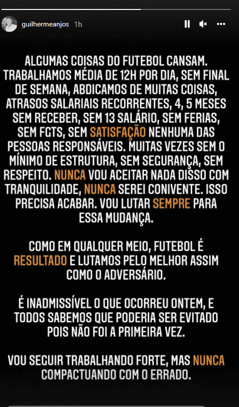 Instagram/ Arquivo Pessoal/ Após derrota e invasão de torcedores no vestiário, auxiliar Guilherme dos Anjos comenta sobre confusão nos Aflitos.