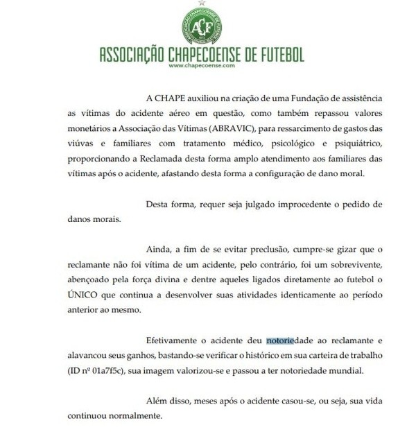 FOTO/REPRODUÇÃO - Site do Globo Esporte: Documento onde Chapecoense acusa o ex-jogador de tomar vantagem da situação FOTO/REPRODUÇÃO - Site do Globo Esporte: Documento onde Chapecoense acusa o ex-jogador de tomar vantagem da situação