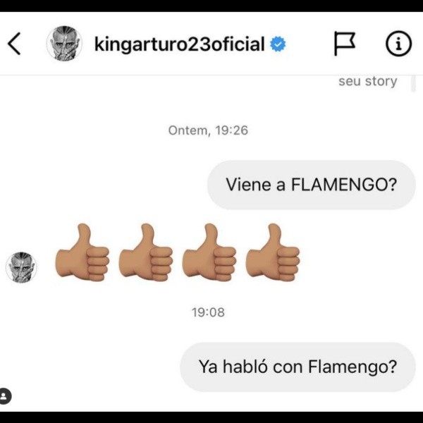Foto: Reprodução Instagram/Thiago Asmar (@thiago_asmar)     Vidal respondeu que vai jogar no Flamengo – resta saber quando