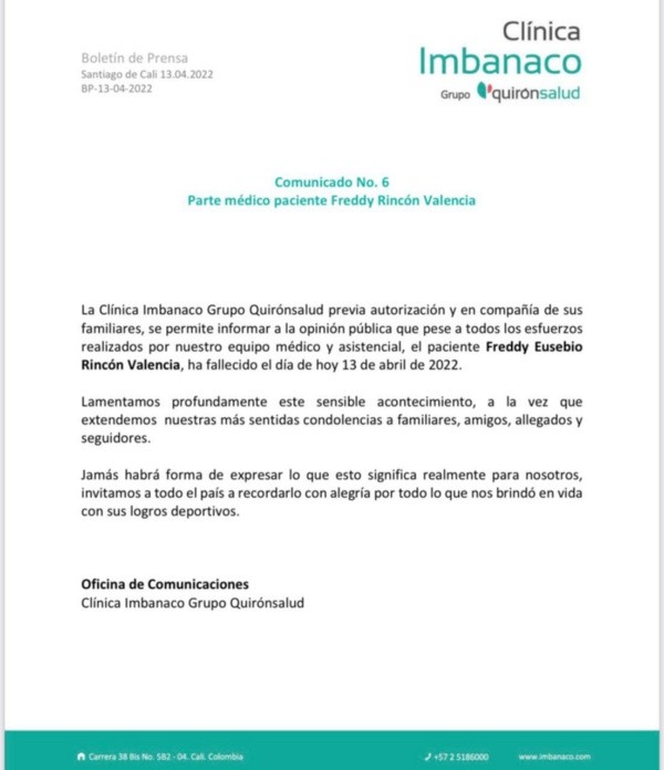 Foto: Reprodução | Nota sobre o falecimento de Rincón