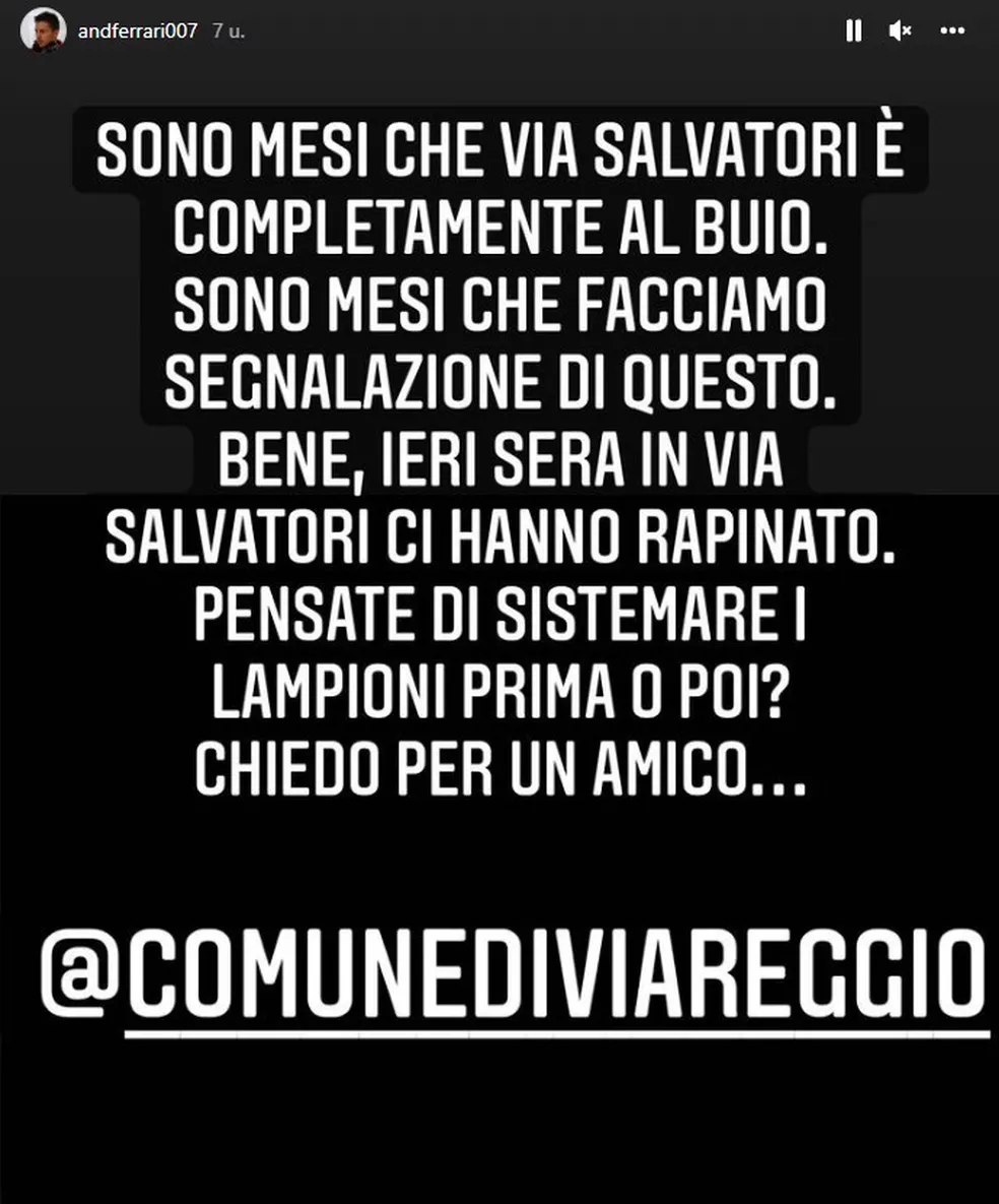 Instagram Pessoal Stories/ Andrea Ferrari fez um desabafo nas redes sociais e cobrou à gestão da comuna italiana após roubo de relógio do piloto da Ferrari.