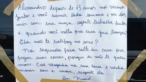 Bilhete deixado pela empresária no carro do marido - Foto: Twitter Bilhete deixado pela empresária no carro do marido - Foto: Twitter