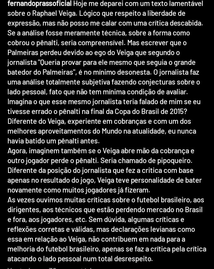 Prass saiu em defesa do meio-campisa Raphael Veiga. Foto: Reprodução/ Instagram/ Fernando Prass