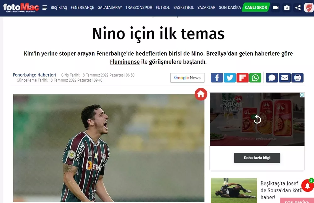 Reprodução / Fotomaç/ Site turco revela interesse e valores do Fenerbahçe por NIno. 
