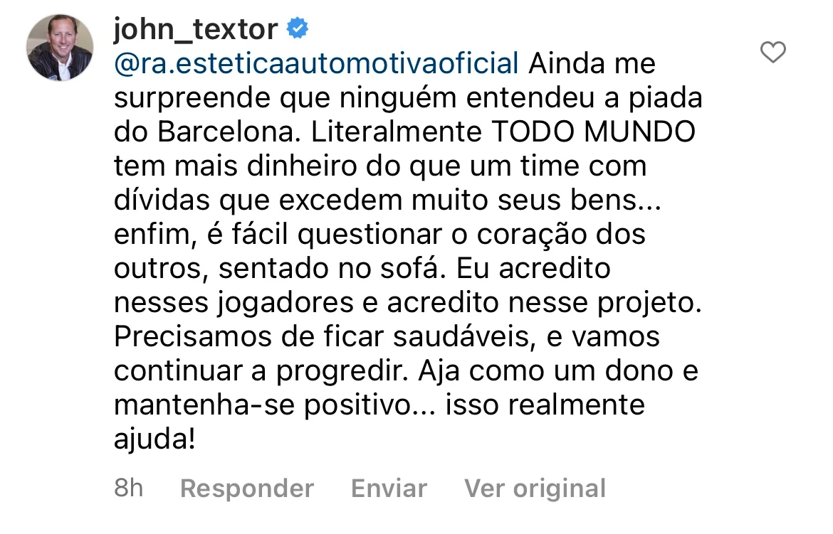 Foto: Reprodução Instagram: Textor responde torcedor nas redes sociais. 