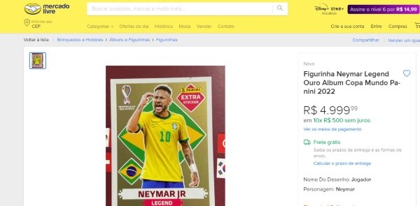 Foto: Reprodução Mercadlo Livre/ Figurinha legend de Neymar. Foto: Reprodução Mercadlo Livre/ Figurinha legend de Neymar.