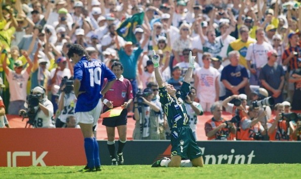 PASADENA, CA - JULY 17:  Brazil goalkeeper Taffarel celebrates after Roberto Baggio of Italy had missed his penalty to decide the FIFA World Cup Final 1994 between Brazil and Italy at the Rose Bowl on July 17, 1994 in Pasadena, California, United States, Brazil beat Italy 3-2 in a penalty shootout to win the World Cup. Photo by Shaun Botterill/Allsport/Getty Images)