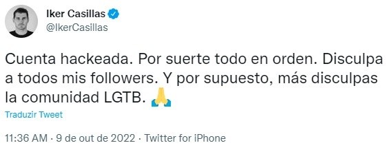 Foto: Reprodução/Twitter Oficial Casillas - O ex-goleiro disse que sua conta foi hackeada Foto: Reprodução/Twitter Oficial Casillas - O ex-goleiro disse que sua conta foi hackeada
