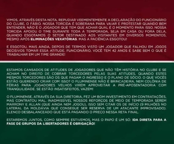 Nota da torcida do Flu sobre as declarações de Fábio
