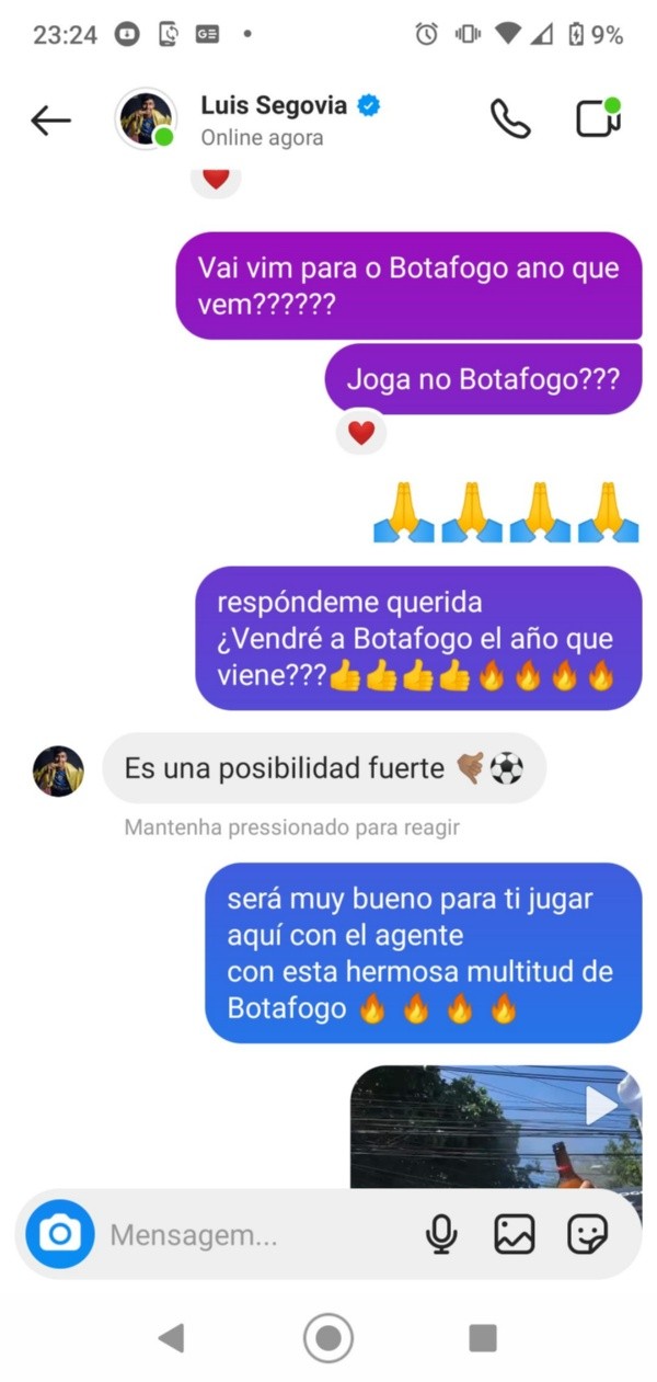 Foto: Reprodução Internet/Instagram – Luis Segovia admite chance de jogar no Botafogo